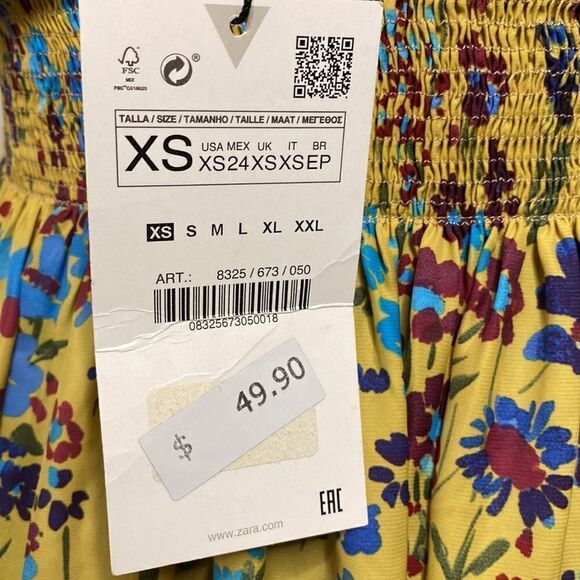 ZARA Mustard Yellow Floral Smocked Mini Dress Top - Picture 10 of 10